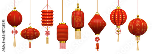 Chinese lanterns set. 3d red china or japanese dragon paper, japan hanging lights with golden patterns. Festive asian traditional decoration. New year garland. Vector realistic elements