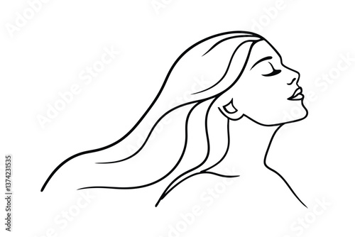 Elegant Woman Profile, Long Hair, Line Art, Graceful Pose, Windblown, Simple Drawing, Minimalist Sty