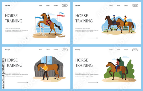 Horse ride landing page. Equine sport and dressage. Equestrian hippodrome. Stallion training. Website design template. People on racehorses. Jockey on purebred pony. Vector background