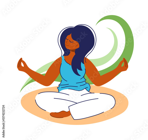 Happy spiritual woman. Meditating girl. Yoga training. Mindfulness meditation. Yogi sitting in lotus asana. Relaxing exercise. Harmony and balance. Female relaxation. Vector concept
