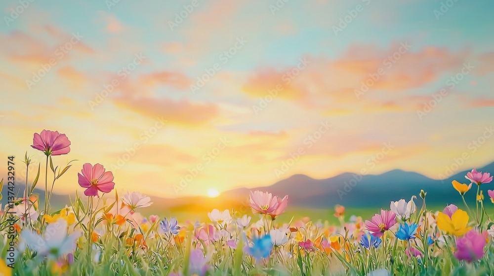 Fototapeta premium Colorful flowers bloom under a serene sunset, creating a peaceful landscape.