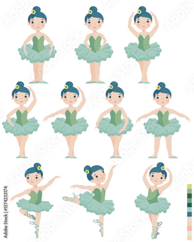 Set of ballerina girls. Ballet positions. Dancing ballerina. Poster, Banner, Flyer, Greeting cards. Vector illustration