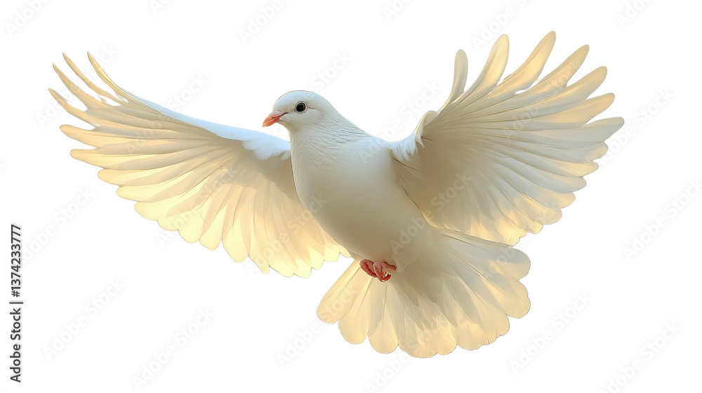 Obraz premium White Dove in Flight: A pristine white dove soars gracefully with wings outstretched. It symbolizes peace, hope, and freedom. Photorealistic detail with a soft, heavenly glow.