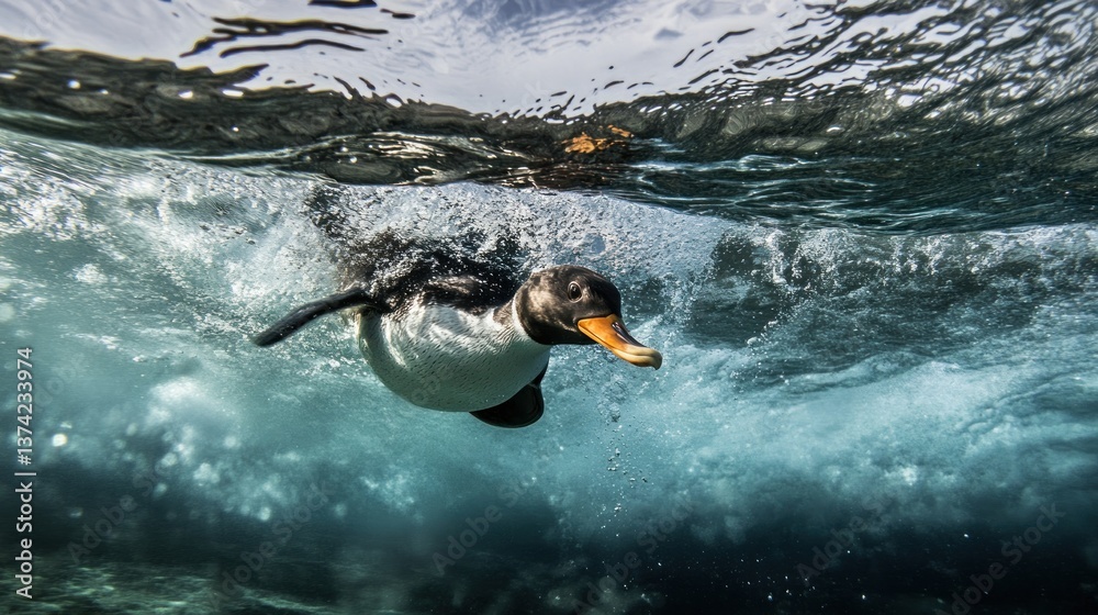 Obraz premium A gentoo penguin gracefully glides through the cool ocean water, showcasing its sleek, streamlined body. Its orange beak contrasts vibrantly with its black and white plumage.