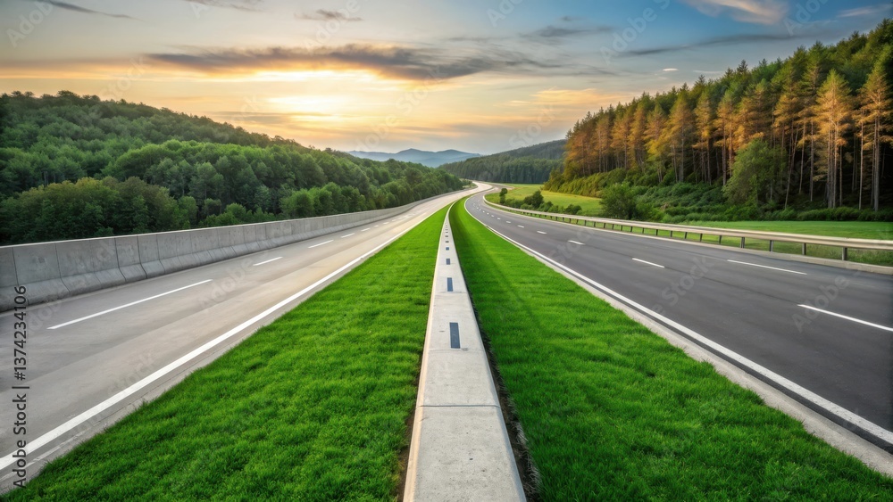 Fototapeta premium Scenic Highway Surrounded by Lush Green Forest and Majestic Mountains at Sunset with Vibrant Sky