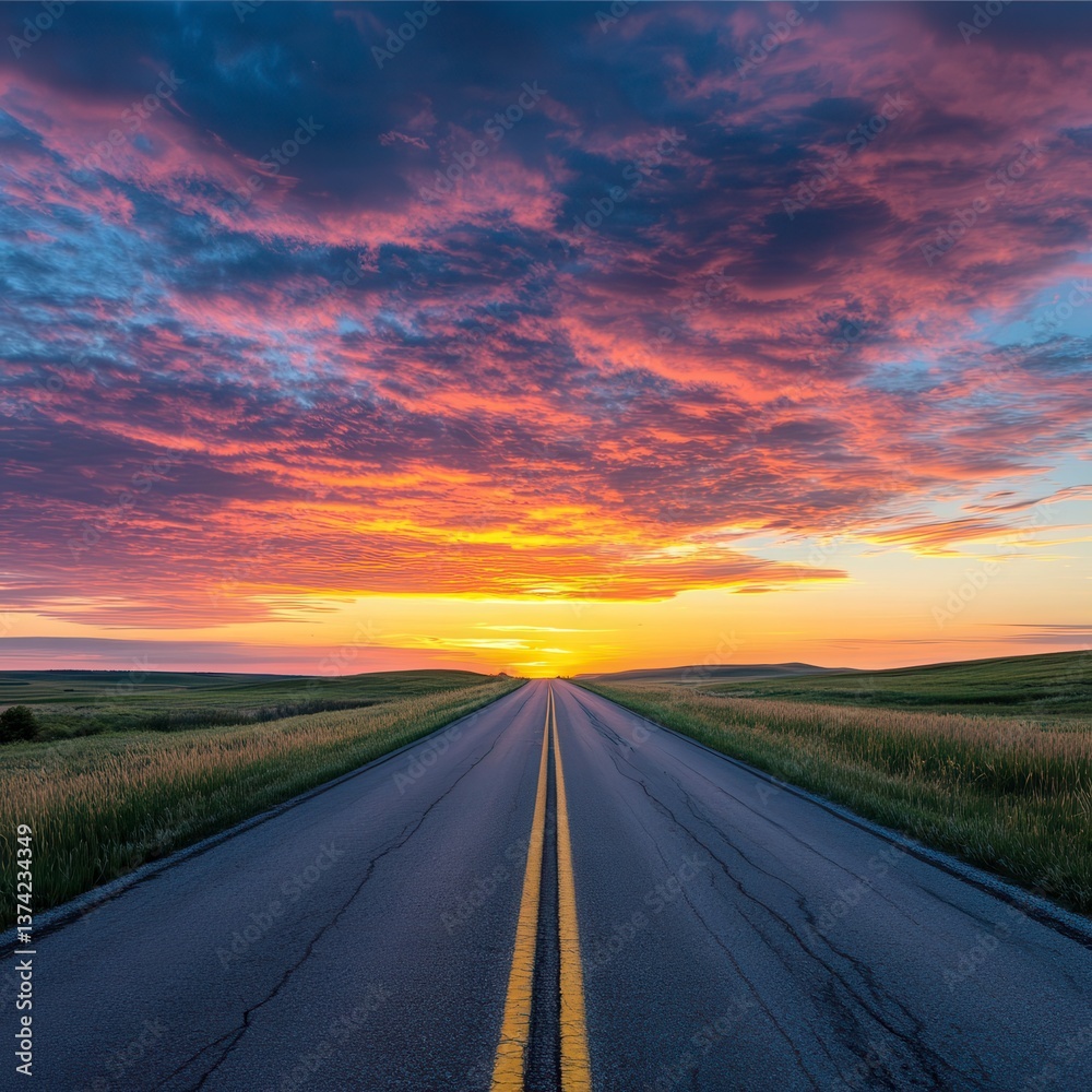 Naklejka premium Serene Landscape with Open Road and Stunning Sunset Skies