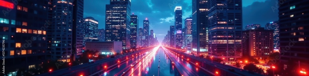 Fototapeta premium Business district, holographic projections, data streams , architecture, projection