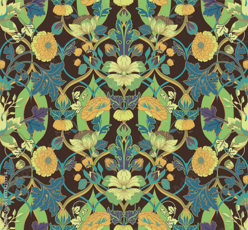 Vintage seamless floral pattern in damask style. For textiles, wallpaper, packaging.