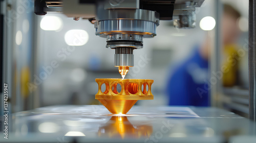 3D printing technology is showcased with high tech printer creating intricate orange component, highlighting advanced engineering and innovation in manufacturing