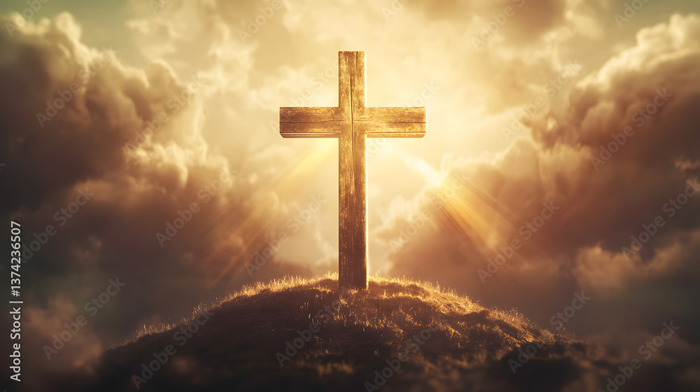 A large weathered wooden cross standing upright on a hill with a dramatic sky.
A large weathered wooden cross standing upright on a hill with a dramatic sky.