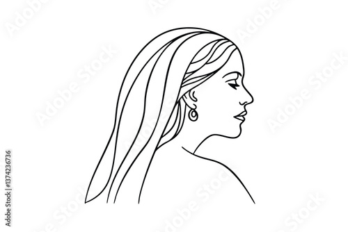 Elegant Woman Profile, Line Art, Headscarf, Earrings, Serene, Simple, Minimalist, Black, White, Draw