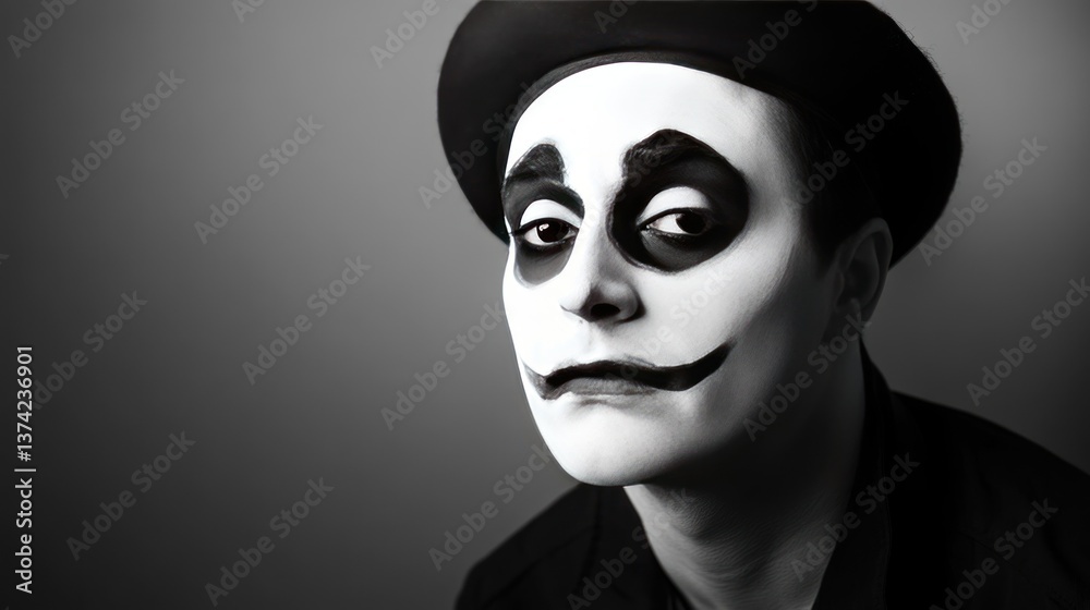 a person with distinctive face paint, wearing a hat, posing against a gray background, artistic style. The photo is in monochrome a person with distinctive face paint, wearing a hat, posing against a gray background, artistic style. The photo is in monochrome