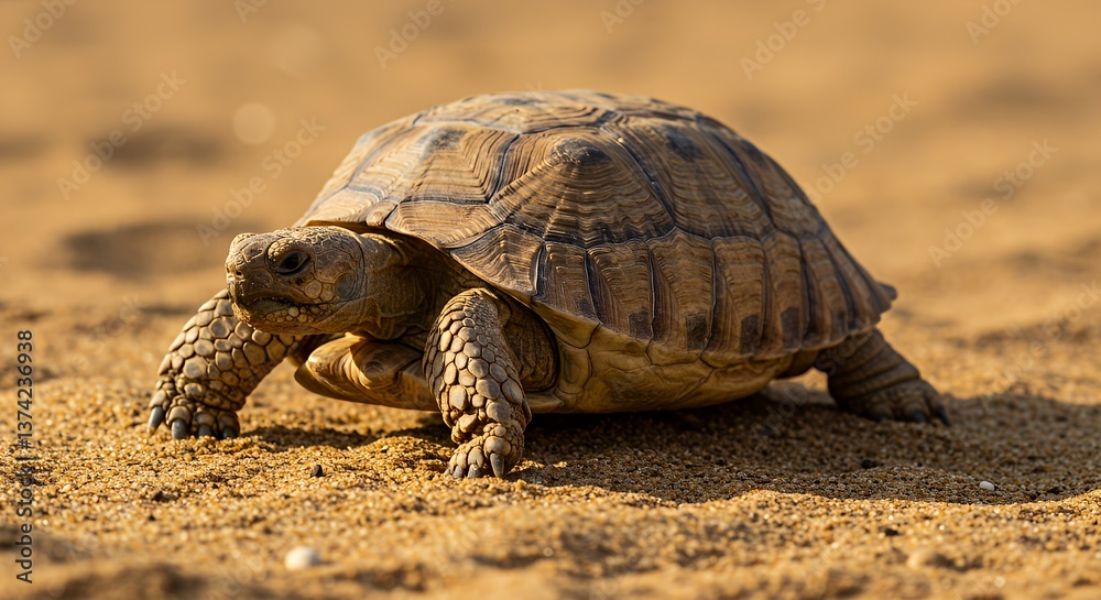 Fototapeta premium A Tortoise Slowly Crawls Across Golden Sand