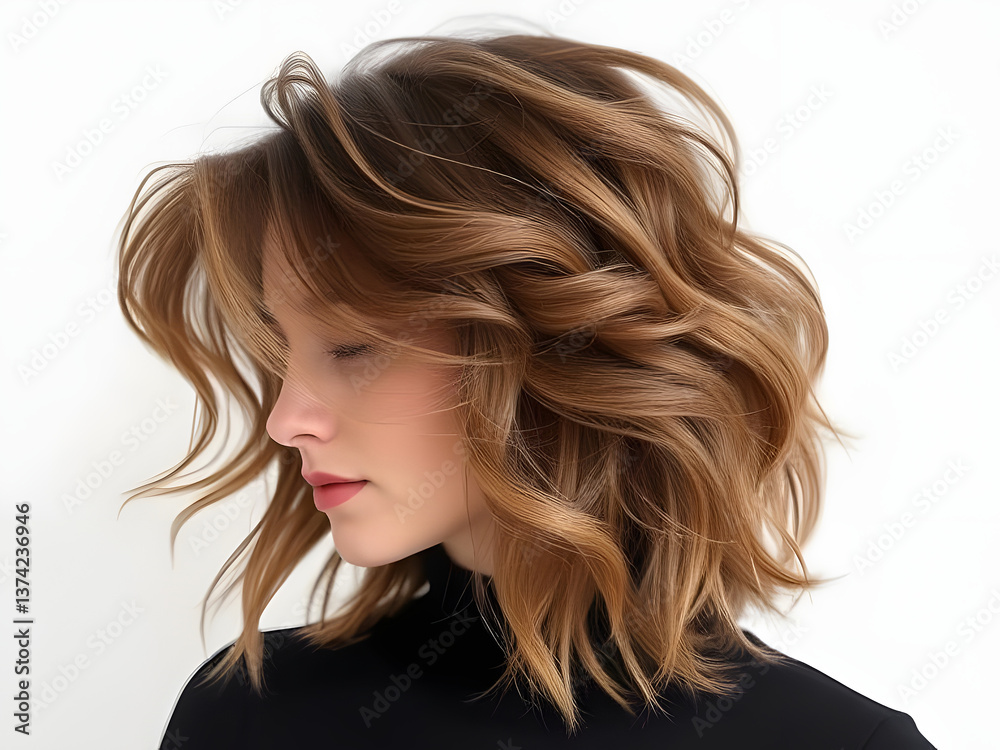 Obraz premium Stylish Woman with Brown Wavy Hair and Subtle Highlights Beauty and Haircut Inspiration.