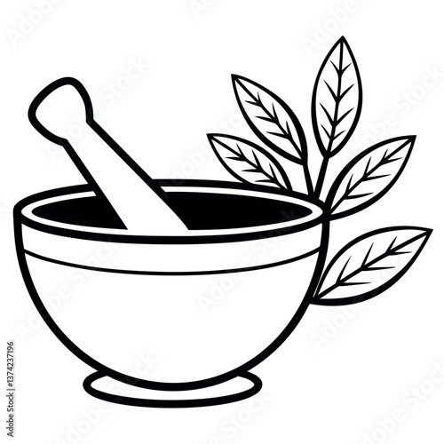 Mortar and pestle with herbs and nature-inspired elements