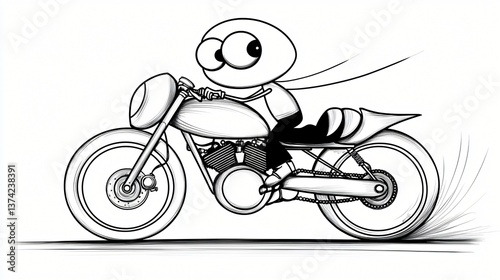 Whimsical Cartoon Character Riding Fast Motorcycle Adventure Depicting Speed and Freedom.