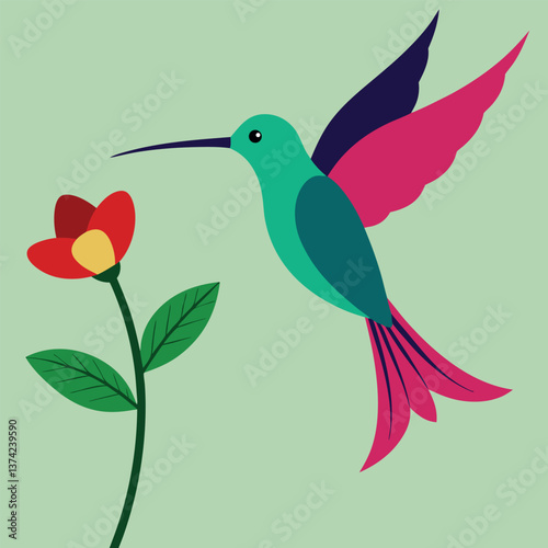 Hummingbird hovering near a flower.