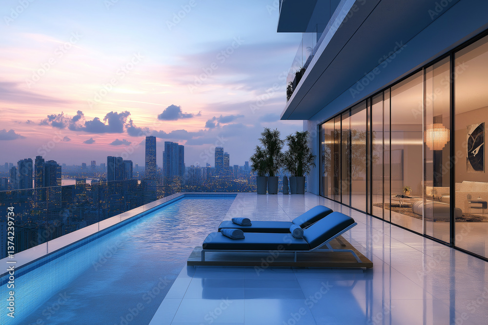 Fototapeta premium Luxury penthouse balcony with an infinity pool, lounge chairs, and a panoramic skyline view.