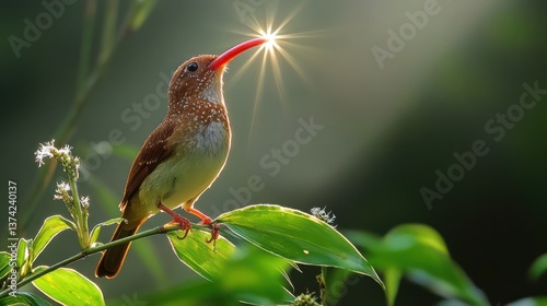 A Recurve-billed Bushbird's bizarre sickle-shaped beak prying apart bamboo, dappled Colombian jungle light creating living impressionist painting