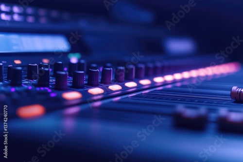 modern digital soundboard with glowing led lights and digital display knobs and sliders in dimly lit recording studio