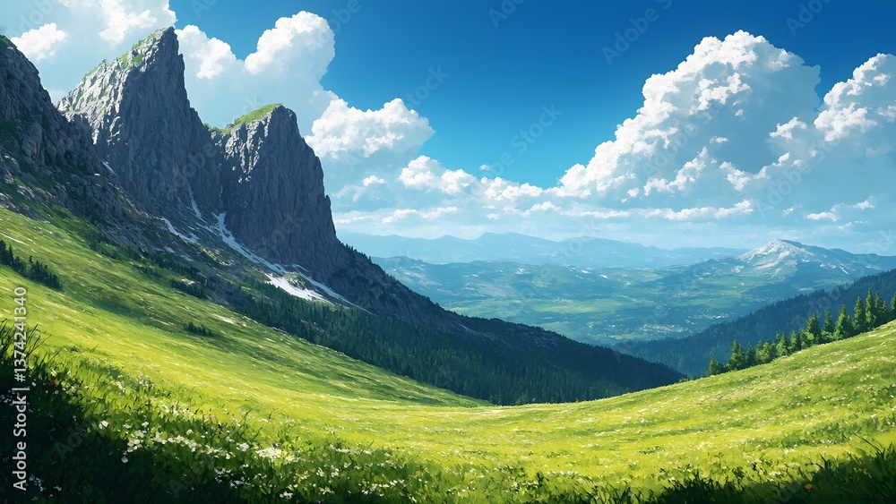 Obraz premium A bright sunny day illuminates a picturesque mountain landscape. A winding path leads through vibrant green grass, inviting hikers to explore the rugged terrain and stunning peaks.