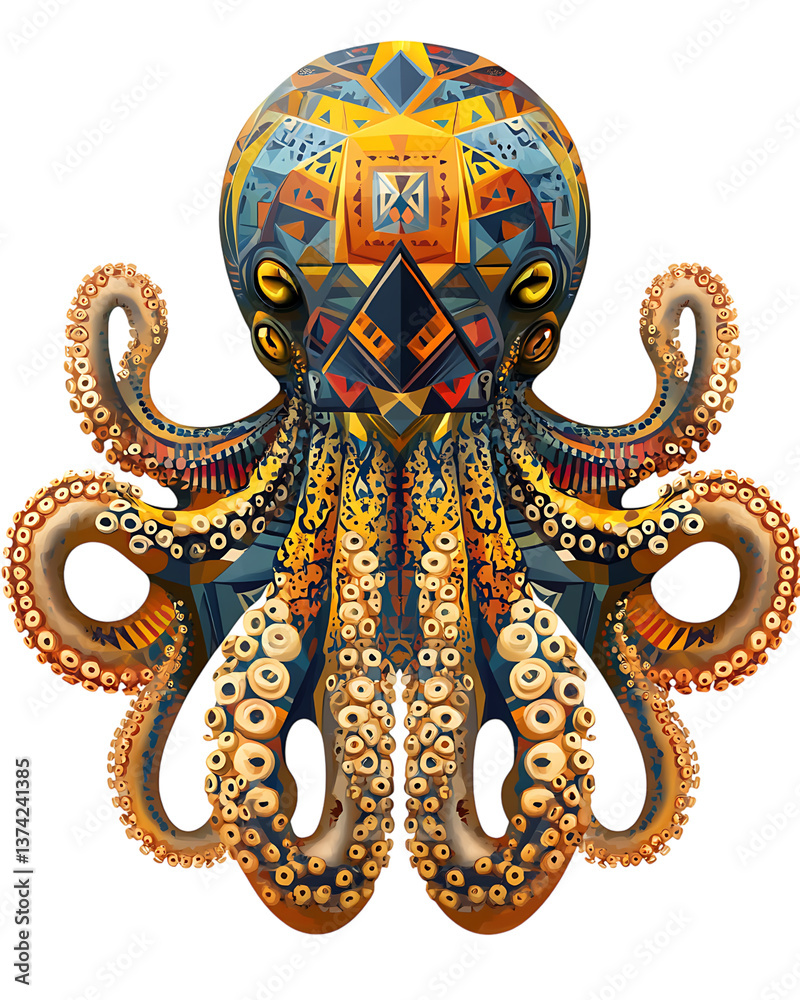 Fototapeta premium An intricate octopus head featuring bold geometric patterns, blending organic tentacles with sharp, angular lines for a dynamic and futuristic look