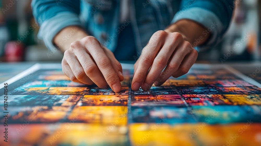 A designer selecting commercial-use images for a promotional poster A designer selecting commercial-use images for a promotional poster