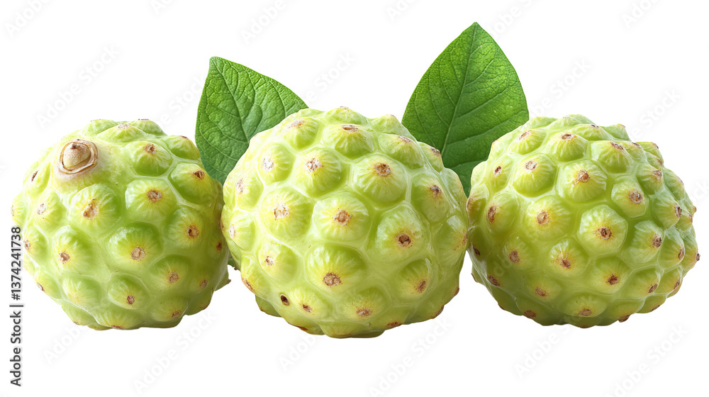 Fototapeta premium Tropical Noni Fruit Display: A vibrant, high-angle shot showcases the exotic beauty of the noni fruit, accompanied by verdant leaves. It is a celebration of natural health and wellness.