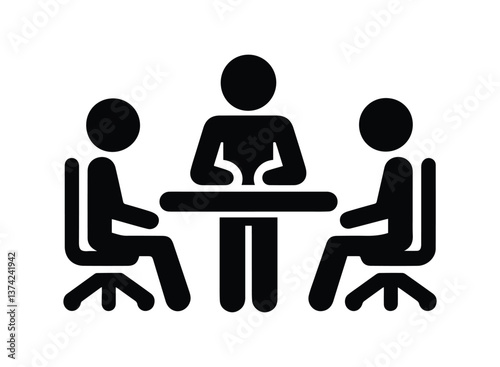 icon people sitting at table, sticks stickman figure, isolated silhouettes, office workers and boss