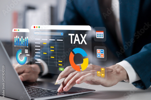 Online tax payment concept. Tax calculation, making income tax return and personal financial account. Businessman pay bills online on website form via laptop.