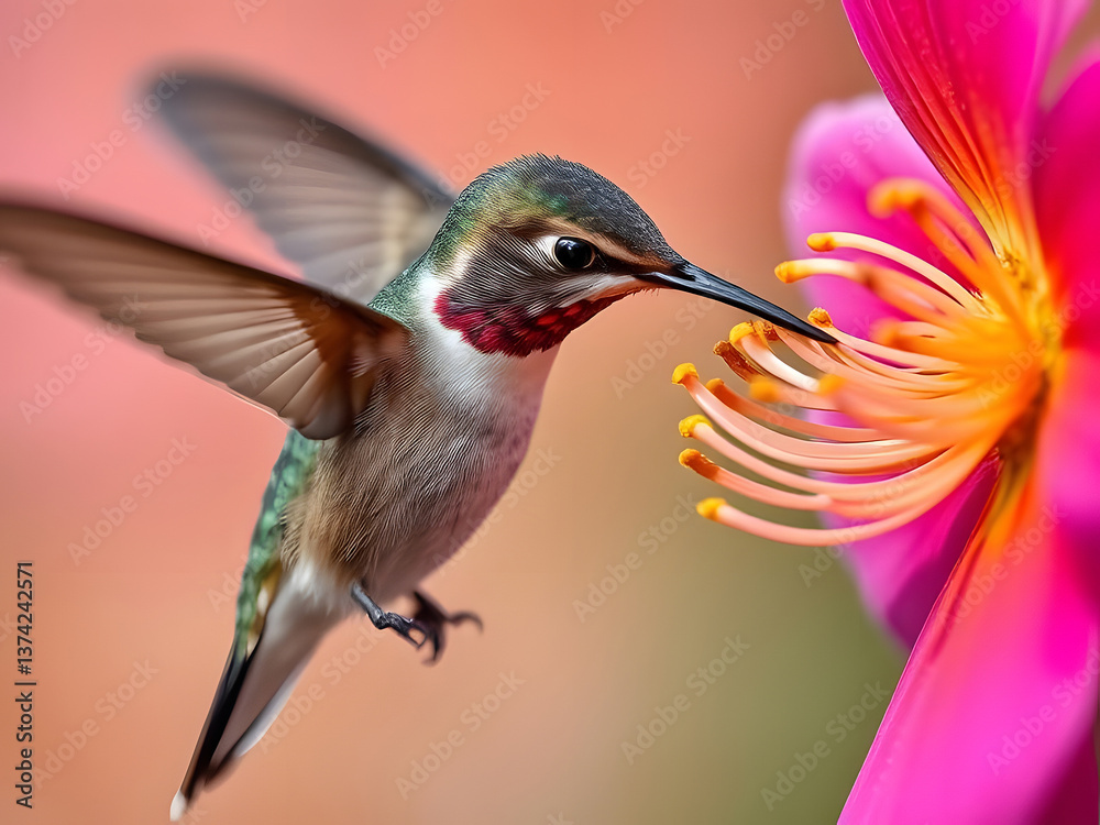 Fototapeta premium Hummingbird Feeding on Pink Flower Wildlife Photography, Nature, Beautiful Bird, Pollination, Floral Bloom.