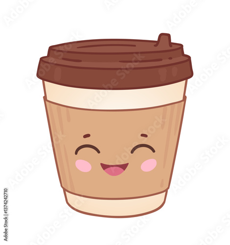 Vector illustration of a smiling takeaway coffee cup with kawaii face and brown lid