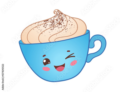 Vector illustration of a blue coffee cup with whipped cream and a happy winking face.