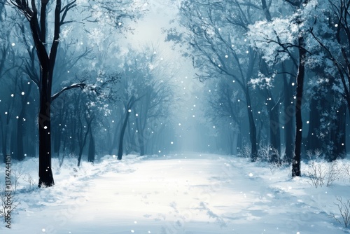 Serene winter landscape painting of a snow covered path through a forest with falling snow and blue hues creating a peaceful and cold atmosphere
