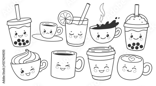 Vector illustration of various cute kawaii drink cups, black and white line art