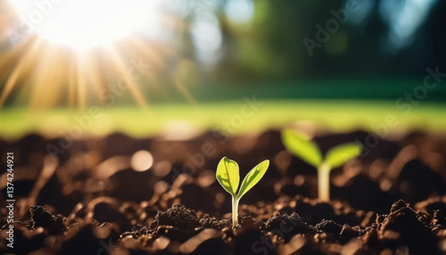 Small seedlings in the soil. Close up. 