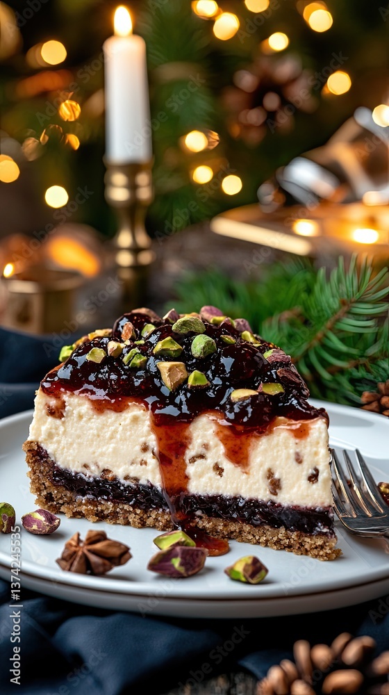 Slice of rich cream cheese pie accented with red and black cherry jam, garnished with pistachios on a decorative plate. Slice of rich cream cheese pie accented with red and black cherry jam, garnished with pistachios on a decorative plate.