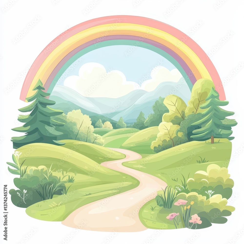 Obraz premium Serene rainbow pathway lush green landscape digital art tranquil nature panoramic view whimsical concept