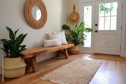 Warm Welcome A Bright Entryway Design Featuring Natural Light, Rustic Wooden Bench, and Lush Green Plants in Woven Baskets Creating a Serene and Inviting Atmosphere White Walls, a Round Rattan
