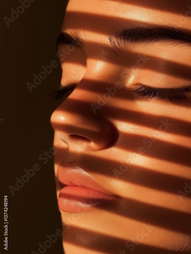 Close-up portrait of a woman's face. the focus is on her eyes, which are closed and her eyelashes are slightly curled. the woman's lips are slightly parted, and her nose is slightly upturned.
