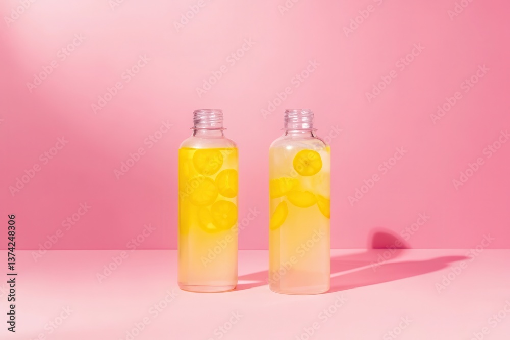 beverage bottles suite Two bottles of lemonade with lemon slices against a pink background. beverage bottles suite Two bottles of lemonade with lemon slices against a pink background.