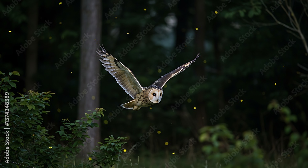Fototapeta premium Owl Flying at Night with Fireflies Illuminating a Dark Forest