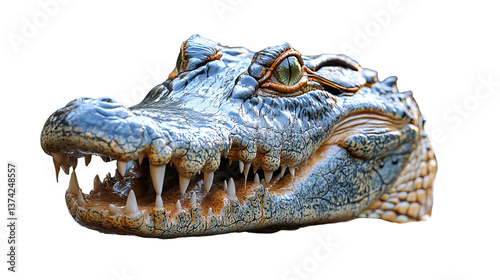 Close-Up Alligator: a high-resolution capture of an alligator's formidable head, showcasing the sharp teeth and detailed scales in a close-up view. photo