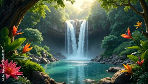 Exotic Tropical Waterfall Surrounded by Lush Greenery. Greatest Nature Landscapes
