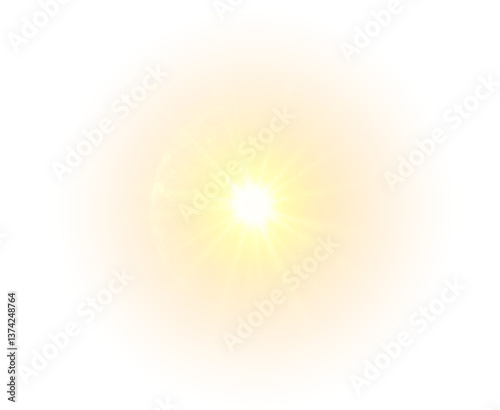 PNG overlay with golden sunlight, gentle glare, and natural flare effects. Isolated sun element on a transparent background in high-resolution PNG format. Perfect royalty-free asset for creating warm,