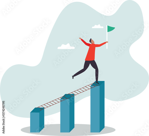Step to grow business, ladder of success, progress, improvement or development to achieve goal, growth journey,character for design.