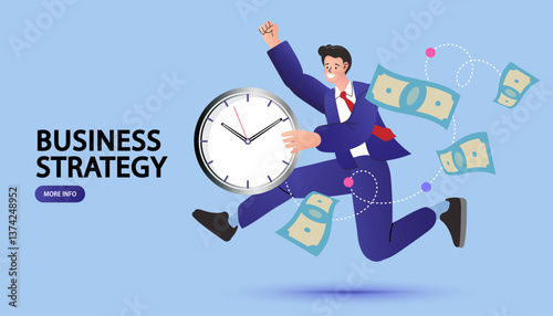 Businessman running on the blue clock. Time run out. Time management. deadline or hurry to go to the office late, urgency or determination to finish work fast. stressed or anxiety to complete work.