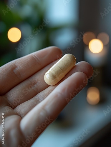 Macro close up of human fingers holding green capsule with soft background showing supplement intake gesture representing focus dosage clarity and pharmaceutical wellness in natural tone
