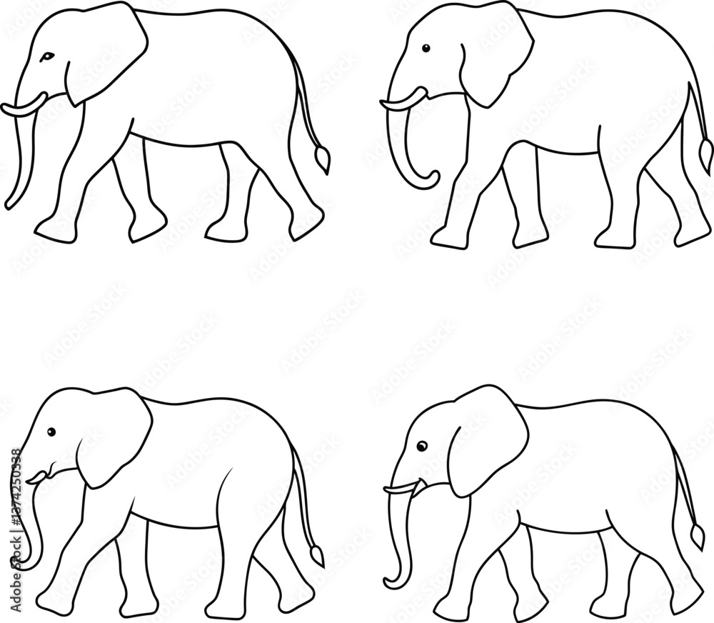 Fototapeta premium Elephant walking line art coloring page.