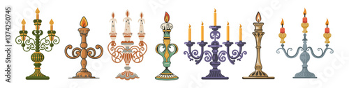Set of candle holders with different colors and designs. The candles are lit, creating a warm and inviting atmosphere. The candle holders are arranged in a line, with some taller